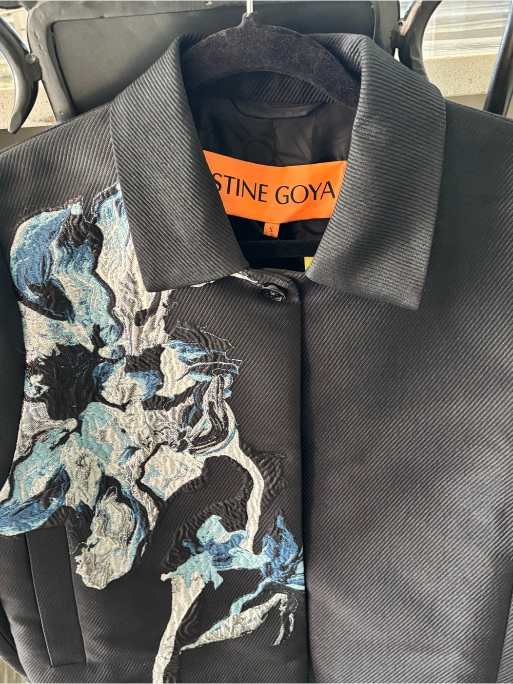 STINE GOYA Black Blazer with Blue and White Floral Embroidery